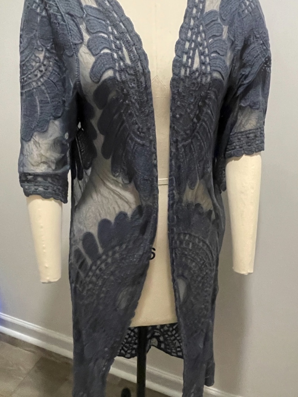 Rebellion Again dusty blue Sheer Embroidered Lace Kimono Duster M